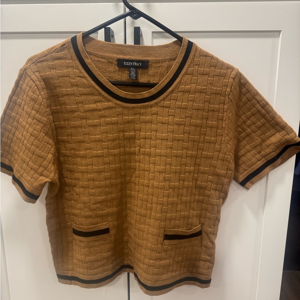 Ellen Tracy Camel Knit Top with Black Accents